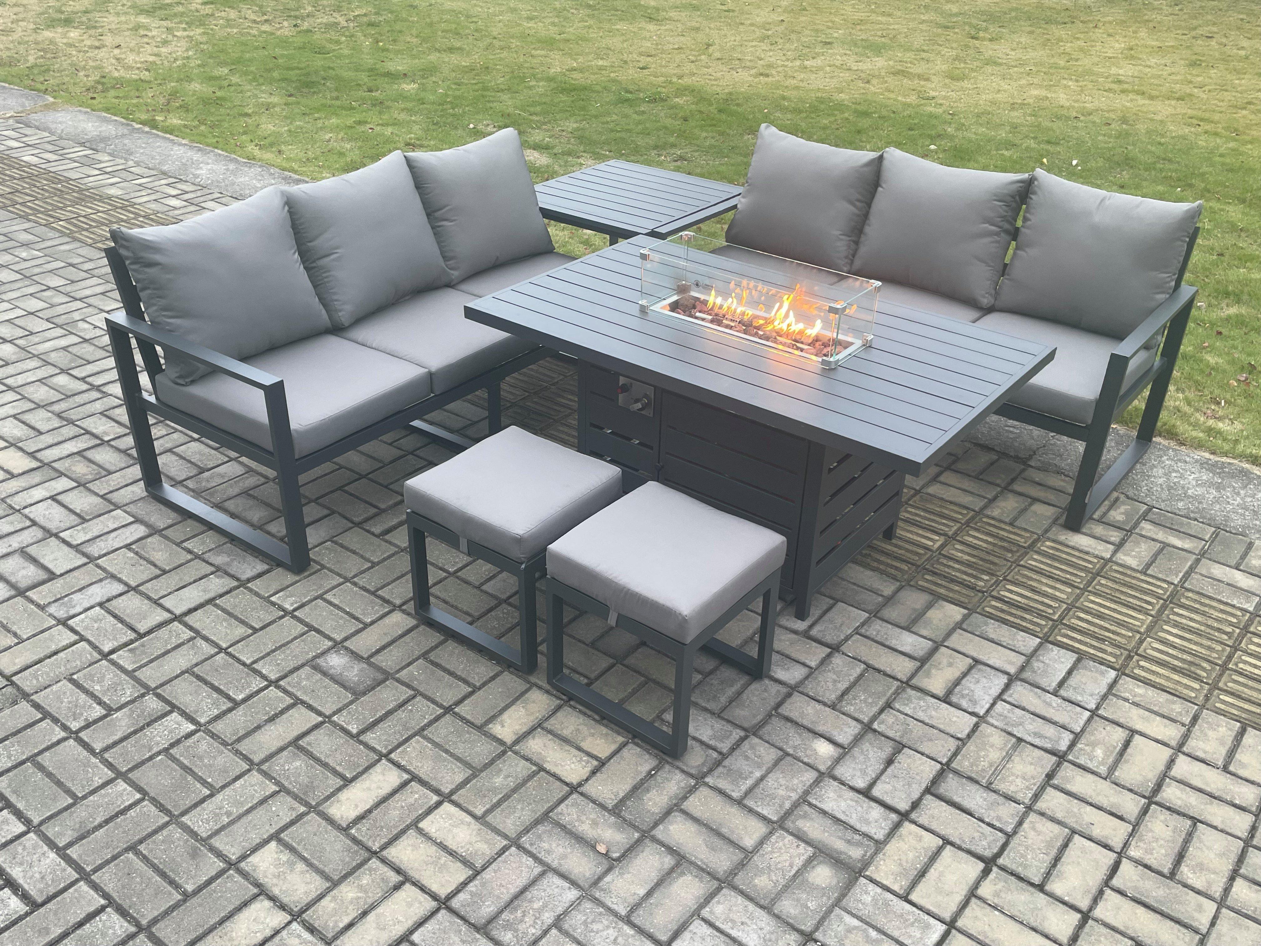 Aluminium 8 Seater Outdoor Garden Furniture Lounge Sofa Set Gas Fire Pit Dining Table with 2 Small F